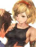 1girl aos bare_shoulders blonde_hair blush breast_sucking breast_sucking_through_clothes breasts brown_hair commentary_request couple djeeta_(granblue_fantasy) gran_(granblue_fantasy) granblue_fantasy gunslinger_(granblue_fantasy) hairband hand_on_another's_head hetero highres medium_breasts ribbon short_hair simple_background smile tank_top through_clothes upper_body white_background yellow_eyes 