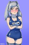  akairiot artist_name blue_background blush breasts cleavage crossed_arms female_my_unit_(fire_emblem:_kakusei) fire_emblem fire_emblem:_kakusei grey_hair medium_breasts my_unit_(fire_emblem:_kakusei) one-piece_swimsuit school_swimsuit simple_background solo swimsuit thighhighs twintails yellow_eyes 