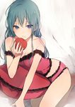  apple blue_eyes blue_hair camisole cushion food fruit hair_down hatsune_miku holding holding_food holding_fruit long_hair lpip off_shoulder panties pillow romeo_to_cinderella_(vocaloid) solo underwear vocaloid 