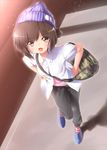  :o alternate_costume bag blue_footwear breasts brown_eyes brown_hair buttons camouflage_bag dress_shirt fubuki_(kantai_collection) handbag hands_on_hips hat kantai_collection looking_at_viewer looking_up midoriiro_no_shinzou open_clothes open_mouth open_shirt pants pink_shirt ponytail purple_hat ribbon shirt shoes short_hair short_sleeves small_breasts sneakers solo striped striped_legwear tennis white_shirt wing_collar 