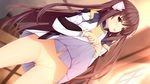  1girl artist_request black_hair bottomless censored character_request game_cg hair_ribbon iizuki_tasuku lil_coulier long_hair no_panties pussy ribbon school_uniform seikishi_melty_lovers skirt skirt_lift source_request sweat 