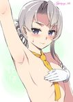  arm_up armpits asahina_hikage asymmetrical_hair bangs blush commentary_request covering covering_breasts flipped_hair gloves kantai_collection long_hair looking_at_viewer necktie nowaki_(kantai_collection) nude ponytail silver_hair solo swept_bangs white_gloves yellow_neckwear 