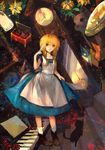  absurdres aki_(wishtakeme) apron blonde_hair cat clock dagger flower grandfather_clock green_eyes highres instrument majo_no_ie piano skirt skirt_lift solo viola_(majo_no_ie) weapon 