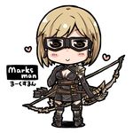 &gt;:) belt black_dress black_footwear black_gloves black_legwear blonde_hair blush_stickers boots bow_(weapon) breasts brown_eyes chibi cleavage djeeta_(granblue_fantasy) dress elbow_gloves es_(eisis) gloves goggles granblue_fantasy heart holding holding_weapon marksman_(granblue_fantasy) medium_breasts short_dress short_hair shoulder_pads simple_background smile solo thigh_boots thighhighs v-shaped_eyebrows weapon white_background zettai_ryouiki 
