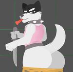  anthro big_butt butt clothing collar dog_treat doggo frown fur looking_at_viewer looking_back male melee_weapon pkaocko solo spiked_collar sword undertale weapon white_fur 