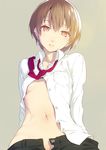  beige_background breasts brown_eyes brown_hair dress_shirt navel necktie nilitsu no_bra open_clothes open_shirt original parted_lips shirt short_hair simple_background small_breasts solo 