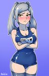  akairiot artist_name bad_id bad_tumblr_id blue_background blush breasts cleavage crossed_arms female_my_unit_(fire_emblem:_kakusei) fire_emblem fire_emblem:_kakusei grey_hair medium_breasts my_unit_(fire_emblem:_kakusei) one-piece_swimsuit school_swimsuit simple_background solo swimsuit thighhighs twintails yellow_eyes 