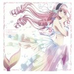  1girl album_cover bikini_top blue_eyes breasts character_name cleavage cover drill_hair fins fish_tail from_side gills hands_together head_fins highres long_hair looking_at_viewer maid_headdress mermaid meroune_lorelei monster_girl monster_musume_no_iru_nichijou official_art pink_hair pointy_ears sarong side_view simple_background solo webbed_hands 