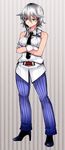  alternate_costume aoshima bare_arms bare_shoulders blue_eyes braid commentary crossed_arms gloves high_heels highres izayoi_sakuya lips pants shirt silver_hair sleeveless sleeveless_shirt solo striped striped_background touhou twin_braids vertical-striped_pants vertical_stripes white_gloves 