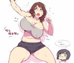  breasts brown_hair character_request copyright_name huge_breasts multiple_girls oohara_kyuutarou plump short_shorts shorts sweat thick_thighs thighs translated 