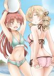  ;d adjusting_clothes adjusting_swimsuit ass back beach bikini blonde_hair breasts butt_crack cleavage day drill_hair fang hair_ornament long_hair looking_back mahou_shoujo_madoka_magica multiple_girls ocean one_eye_closed open_mouth ponytail red_eyes red_hair sakura_kyouko side-tie_bikini sideboob small_breasts smile swimsuit takeshisu tomoe_mami twintails volleyball yellow_eyes 