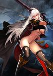  arched_back armor bad_id bad_pixiv_id bikini_armor black_legwear breasts brown_eyes dark_templar_(dungeon_and_fighter) derivative_work dungeon_and_fighter female_slayer_(dungeon_and_fighter) happening18 large_breasts lips long_hair pauldrons pubic_hair slingshot_swimsuit solo swimsuit sword thighhighs thighs torn_clothes torn_legwear underboob very_long_hair weapon white_hair 