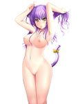  anakin_sky_(utcc) animal_ears armpits arms_up blush breasts cat_ears cat_tail highres large_breasts long_hair mouth_hold navel nipples nude original purple_hair pussy ribbon simple_background slit_pupils solo tail white_background yellow_eyes 
