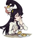  1girl black_hair eating filia_(skullgirls) food ganno happy samson_(skullgirls) skullgirls smile solo 