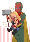  android blonde_hair blue_eyes chibi hammer jitome male_focus marvel multiple_boys nikumeron thor_(marvel) vision_(marvel) 