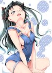  black_hair blue_eyes breasts chin cleavage collarbone fate/stay_night fate_(series) hair_ribbon long_hair medium_breasts naked_overalls one_eye_closed open_mouth overalls polka_dot ribbon shiranagi solo toosaka_rin two_side_up 