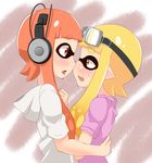  after_kiss bad_id bad_pixiv_id bangs blonde_hair blunt_bangs blush eye_contact eyebrows fang from_side goggles goggles_on_head headphones hood hoodie hug inkling long_hair looking_at_another multiple_girls open_mouth orange_eyes orange_hair saliva saliva_trail sidelocks splatoon_(series) splatoon_1 tentacle_hair uni_mmtab yellow_eyes yuri 