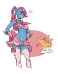  &lt;3 alphys anime blue_skin blush breasts clothing couple duo eyewear female fish glasses gloves hair hair_over_eye hands_on_hips johndoe-art legwear marine midriff miniskirt monster pink_hair scalie sharp_teeth stockings sweat teeth under_boob undertale undyne 