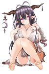  1girl absurdres ahoge bandage bare_shoulders barefoot black_hair breasts cleavage danua demon_girl denden_taiko female granblue_fantasy highres horns huge_breasts long_hair necklace on_ground panties pointy_ears purple_eyes simple_background sitting soles solo toe_scrunch toes underwear upskirt white_background white_panties 