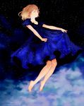  barefoot blonde_hair blue closed_eyes dress dress_lift highres nou_(brain-m) original short_hair smile solo star starry_sky_print 