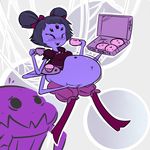  &lt;3 anthro arachnid arthropod belly big_belly black_eyes black_hair blush breasts clothing crumbs cupcake doughnut dress eating english_text eyes_closed fangs food hair hair_bow happy monster muffet natortilde open_mouth plate purple_skin spider spider_web stuffing tea_cup text undertale 