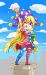  american_flag_dress american_flag_legwear blonde_hair clownpiece food hat highres ice_cream ice_cream_cone jester_cap jpeg_artifacts long_hair one_eye_closed pantyhose shinapuu smile soft_serve solo star statue_of_liberty striped striped_legwear tongue tongue_out touhou very_long_hair 