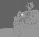  &lt;3 alphys barefoot clothing couple eye_patch eyewear fangs female fish glasses greyscale hair marine middry monochrome monster scalie shirt size_difference smile sofa spoon tank_top undertale undyne yogurt 