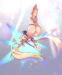  absurdres arms_behind_back ass bare_legs barefoot blonde_hair bradamante_(fate/grand_order) braid breasts commentary_request elbow_gloves fate/grand_order fate_(series) feet french_braid from_below gloves highres leotard long_hair muloli soles solo sweat thigh_strap thighs toes twintails very_long_hair white_gloves 