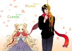  1girl black_hair blonde_hair clover clover_(flower) collaboration copyright_name double_bun dress flower hanamoto_hagumi hand_in_pocket honey honey_and_clover howoona licking_lips long_hair long_sleeves looking_at_another looking_to_the_side morita_shinobu pants purple_eyes rwael scarf shared_scarf short_hair tongue tongue_out wavy_hair 