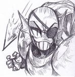  armor black_and_white eye_patch eyewear female fish hair looking_at_viewer marine melee_weapon monochrome noseless polearm rakugaki-otoko smile solo spear undertale undyne weapon 