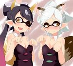  2girls ;d animal_ears aori_(splatoon) bad_id bad_pixiv_id bangs bare_shoulders black_hair blush bow breasts cleavage detached_collar dog_ears dog_tail domino_mask dress eyebrows fang fox_ears fox_tail hair_bow hotaru_(splatoon) long_hair looking_at_viewer looking_away mask medium_breasts mole mole_under_eye multiple_girls one_eye_closed open_mouth paw_pose short_hair silver_hair small_breasts smile splatoon_(series) splatoon_1 strapless strapless_dress swept_bangs tail uni_mmtab upper_body 