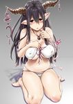  bikini blush breasts cleavage commentary_request danua draph ganari_ryuu granblue_fantasy hair_between_eyes highres horn_ornament horns jewelry large_breasts long_hair looking_at_viewer navel open_mouth pointy_ears purple_hair red_eyes solo swimsuit 