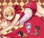  3girls breast_press breasts chibi commentary_request cookie eating food hair_ribbon hat hood little_red_riding_hood lying multiple_girls on_stomach original red_eyes red_skirt restrained ribbon shaded_face skirt sleeveless smile squiggle zhen_lu 