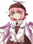  angry animal_ears bird_wings blush brown_eyes commentary dress fun_bo jewelry juliet_sleeves long_sleeves looking_at_viewer mystia_lorelei pink_hair pout puffy_cheeks puffy_sleeves short_hair single_earring solo squiggle touhou v_arms winged_hat wings 