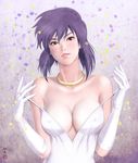  breasts cleavage collarbone confetti covered_nipples dress ghost_in_the_shell gloves head_tilt jewelry kusanagi_motoko large_breasts light_smile lips looking_at_viewer neck_ring parted_lips purple_hair red_eyes short_hair sleeveless sleeveless_dress solo strap_lift strap_pull tatsumaru teeth undressing upper_body white_dress white_gloves 
