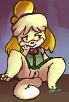  2013 animal_crossing anthro blush bottomless canine clothed clothing dog half-dressed isabelle_(animal_crossing) keishinkae mammal nintendo pussy shirt smile solo video_games 