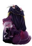  1boy 1girl ainz_ooal_gown all_fours blush breath dress excited frilled_dress frills human_chair human_furniture masochism no_humans overlord_(maruyama) red_eyes ribbon robe shalltear_bloodfallen silver_hair sitting sitting_on_person skeleton spoilers undead vampire 