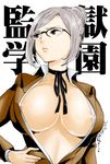  bareisho breasts choker cleavage glasses large_breasts nipples prison_school shiraki_meiko short_hair silver_hair solo 