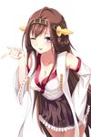  ;p absurdres ahoge bad_id bad_pixiv_id bare_shoulders brown_hair collarbone cowboy_shot detached_sleeves double_bun frilled_skirt frills hairband hand_on_hip headgear highres kantai_collection kongou_(kantai_collection) leaning_forward long_hair looking_at_viewer mosquito_coils nontraditional_miko one_eye_closed pointing purple_eyes simple_background skirt smile solo tongue tongue_out white_background 