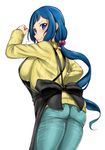  apron blue_eyes blue_hair denim from_behind gundam gundam_build_fighters iori_rinko jeans kirikirimai_(kkm) long_hair pants ponytail ribbed_sweater solo sweater white_background 