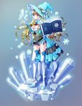  belt blonde_hair blue blue_eyes book breasts cleavage hat high_heels highres ice ice_crystal long_hair medium_breasts ming_(applem7) open_book original snow snowflakes solo thighhighs white_legwear witch_hat 