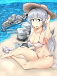  1girl :d azur_lane bangs bare_shoulders barefoot beach belly bikini blue_eyes blue_sky blush bow braid breasts camouflage chains cleavage cloud collarbone commentary_request day eyebrows_visible_through_hair feet french_braid full_body hair_bow hand_up hat kinpira_gobou large_breasts lavender_hair long_hair looking_at_viewer machinery navel ocean open_mouth outdoors rodney_(azur_lane) sand see-through shoes_removed side-tie_bikini sitting sky smile straw_hat sun_hat swimsuit turret very_long_hair water white_bikini 