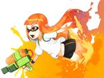  bike_shorts blush bracelet container domino_mask fangs ginji74 highres holding ink_tank_(splatoon) inkling jewelry jumping long_hair mask navel open_mouth orange_eyes orange_hair paint_splatter pointy_ears shirt single_vertical_stripe smile solo splatoon_(series) splatoon_1 splattershot_(splatoon) super_soaker t-shirt tentacle_hair wall white_shirt 