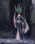  alley alternate_form cape gallade green_hair kirlia mega_gallade mega_pokemon no_humans pokemon pokemon_(game) pokemon_oras rain red_eyes short_hair 