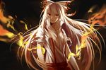  bow fire flame fujiwara_no_mokou hair_bow long_hair looking_at_viewer pants red_eyes shirt silence_girl silver_hair solo suspenders torn_clothes torn_sleeves touhou very_long_hair 