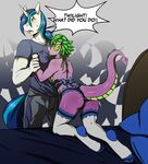  2015 anthro anthrofied avante92 bed blue_eyes clothing crossgender dialogue dragon duo english_text equine female friendship_is_magic green_hair hair horn legwear lingerie male mammal multicolored_hair my_little_pony shining_armor_(mlp) spike_(mlp) text thigh_highs two_tone_hair unicorn 