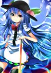  blue_hair cloud cloudy_sky day food fruit hat highres hinanawi_tenshi looking_at_viewer peach red_eyes sky solo sword_of_hisou te_toga thighhighs touhou 