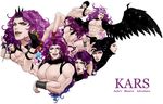 abs battle_tendency blade braid character_name copyright_name earrings feathered_wings feathers ginjoo_(ginjo_1116) headdress horns jewelry jojo_no_kimyou_na_bouken kars_(jojo) long_hair multiple_views muscle nude purple_eyes purple_hair shin_guards sparkle tongue tongue_out wings wristband 