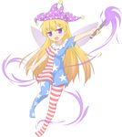  american_flag_dress blonde_hair clownpiece fairy fairy_wings hat highres jester_cap long_hair looking_at_viewer open_mouth pantyhose purple_eyes shino_megumi solo striped striped_legwear touhou wand wings 