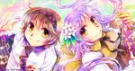  artist_name bad_id bad_pixiv_id brown_hair dated eighth_note flower hair_flower hair_ornament itozaki_(itzk0110) looking_at_viewer multiple_girls musical_note purple_hair quarter_note smile touhou treble_clef tsukumo_benben tsukumo_yatsuhashi yellow_eyes 